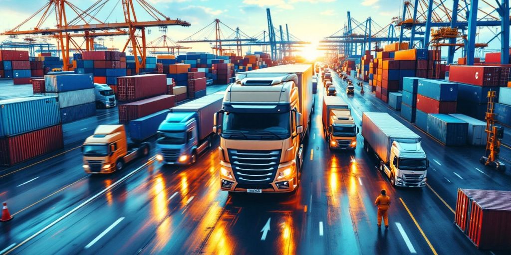 Trucks and containers in a busy shipping yard.