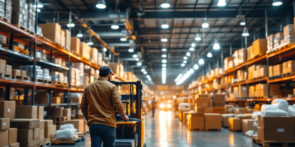 Warehouse workers organizing products in a busy logistics center.