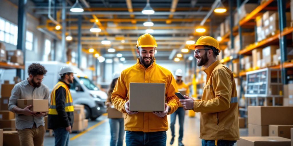 Logistics team working together in a modern warehouse.