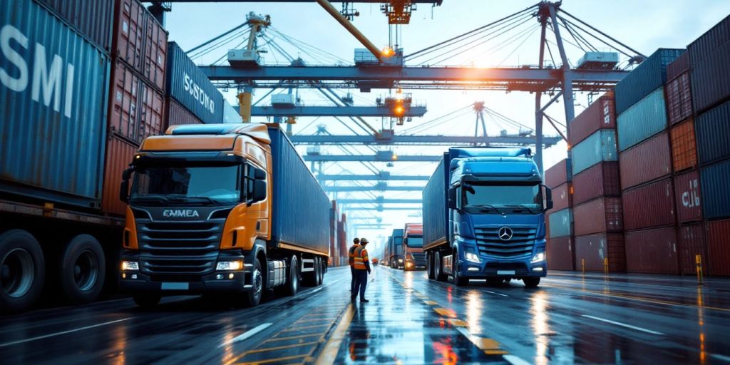 Trucks and shipping containers in a busy port.