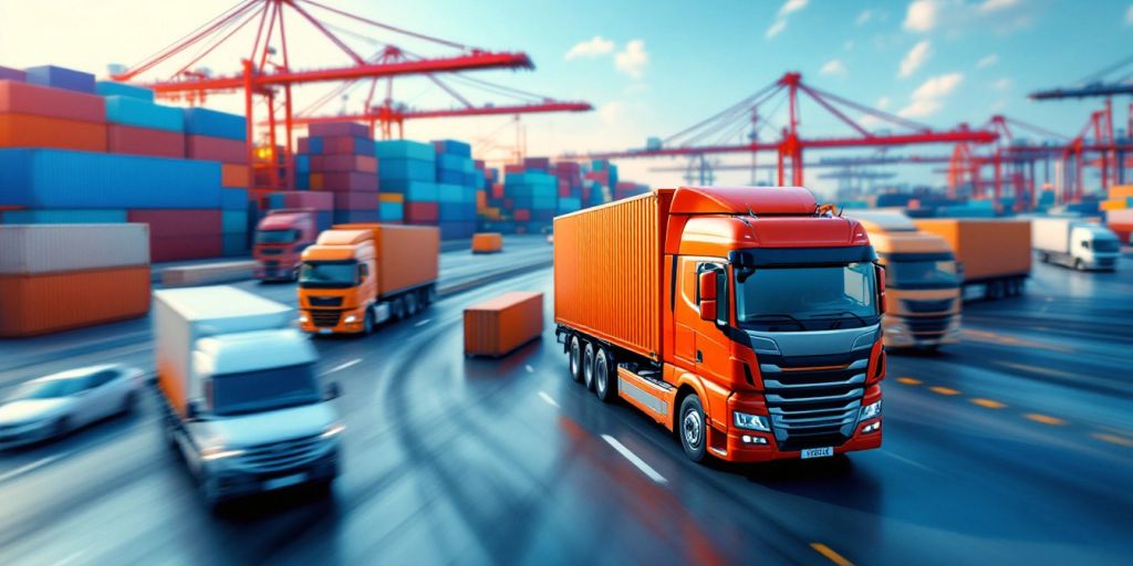 Trucks and shipping containers in a busy logistics port.